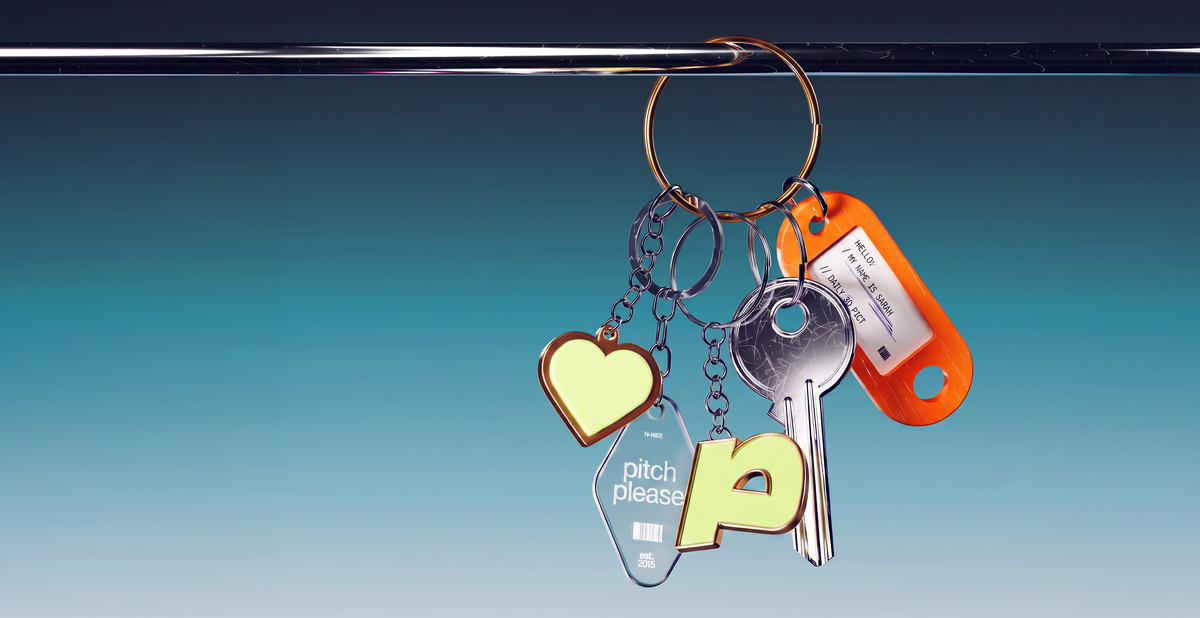 Pitch Please brand keychain - novelty keys and heart charm with pitch please logo tag on gradient background | Pitch Please